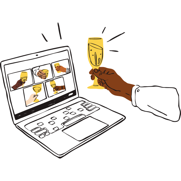 Hand with dark skin raises glass to active video call on computer, where participants are also raising glasses